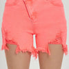 RISEN Raw Hem Asymmetrical Waist Denim Shorts - Coral Pink