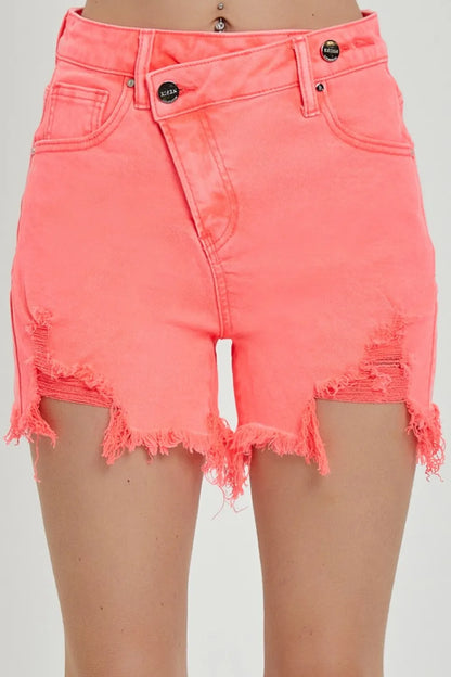 RISEN Raw Hem Asymmetrical Waist Denim Shorts - Farnelli