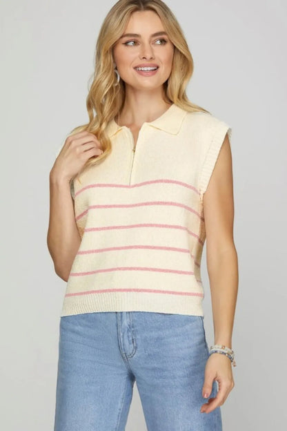 She + Sky Full Size Ribbed Hem Striped Half Zip Sweater Vest Plus Size - Farnelli
