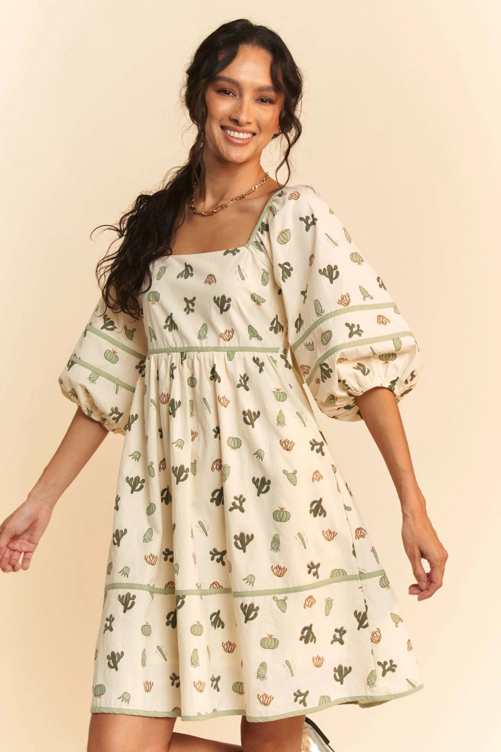 Davi & Dani Cactus Printed Poplin Contrast Piping Mini Dress - Farnelli