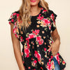 Haptics Floral Ruffle Short Sleeve Babydoll Top - Black