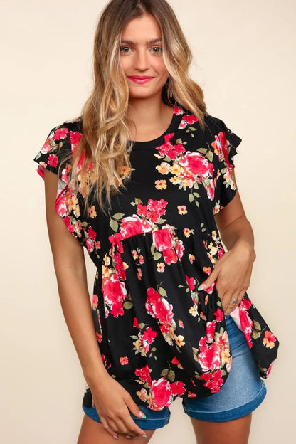 Haptics Floral Ruffle Short Sleeve Babydoll Top - Farnelli