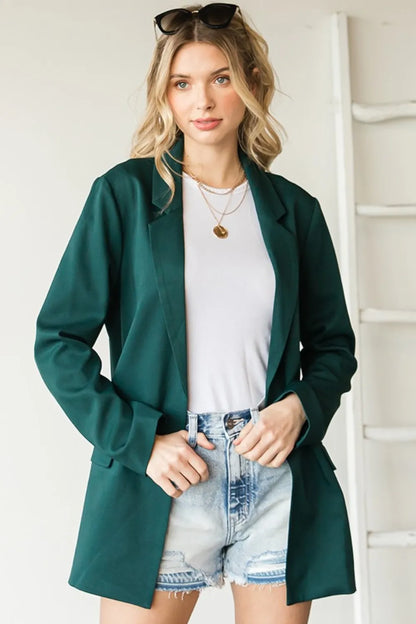 First Love Full Size Open Front Long Sleeve Blazer with Pockets - Farnelli