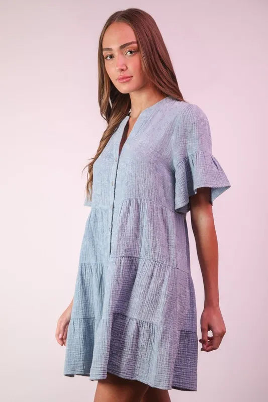VERY J Mineral Washed Baby Bell Sleeve Woven Mini Dress - Farnelli