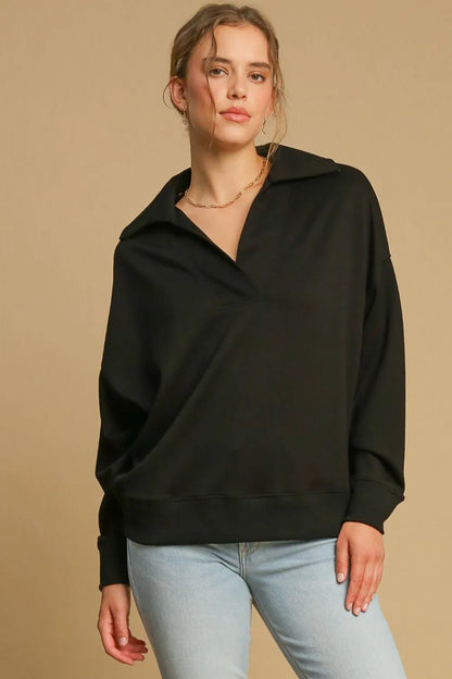 Umgee Johnny Collar Dropped Shoulder Sweatshirt - Farnelli