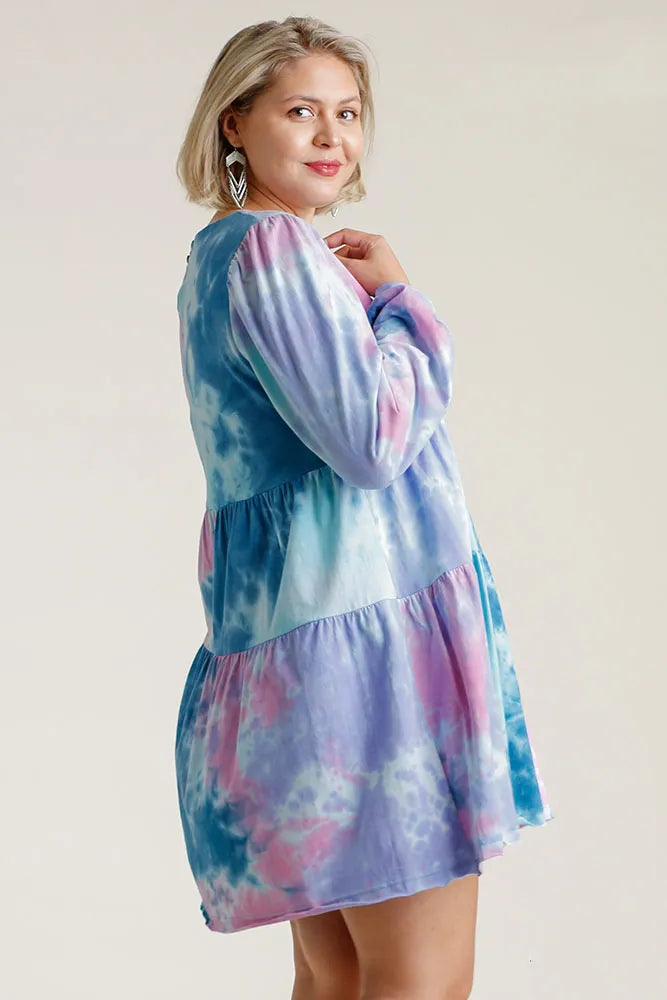 Umgee Full Size Tie Dye Round Neck Long Sleeve Babydoll Tiered Dress Plus Size - Farnelli