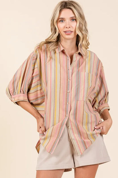 Mittoshop Striped Bubble Sleeve Button Down Shirt - Farnelli