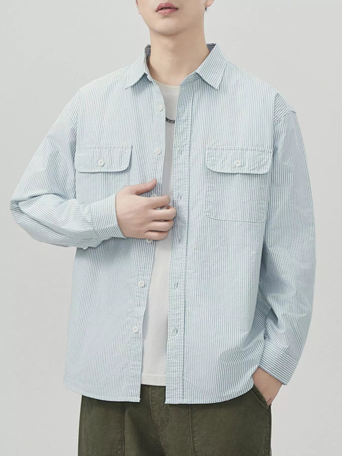 Men's Plus Size Striped Button Up Long Sleeve Shirt - Farnelli