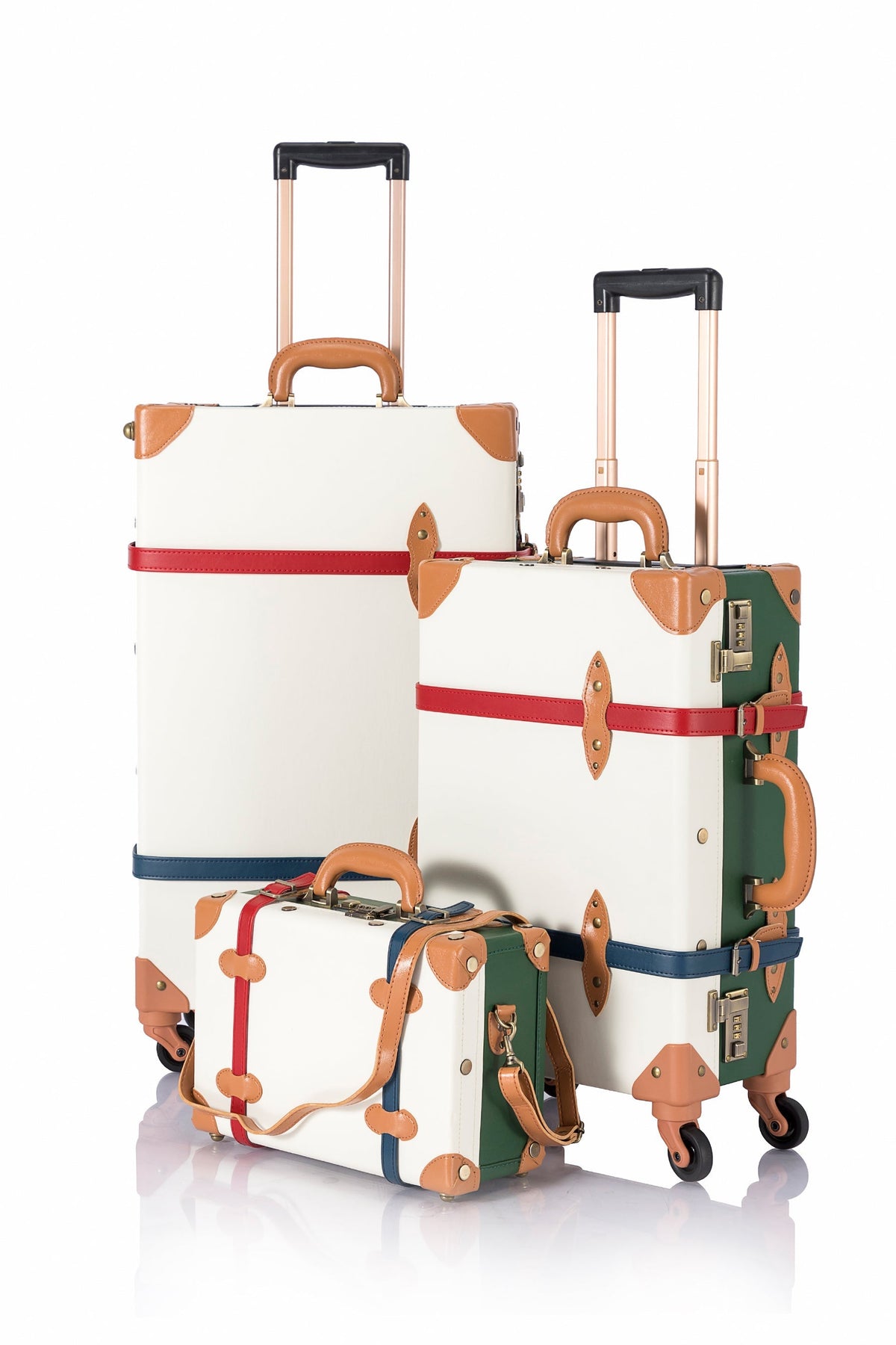 COTRUNKAGE SarahFace 3-piece luggage set in green and pearl, including large, medium, and small suitcases with durable wheels and handles.