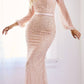 Andrea & Leo A0997W Pearl Beaded Long Sleeve Fit and Flare Long Dress