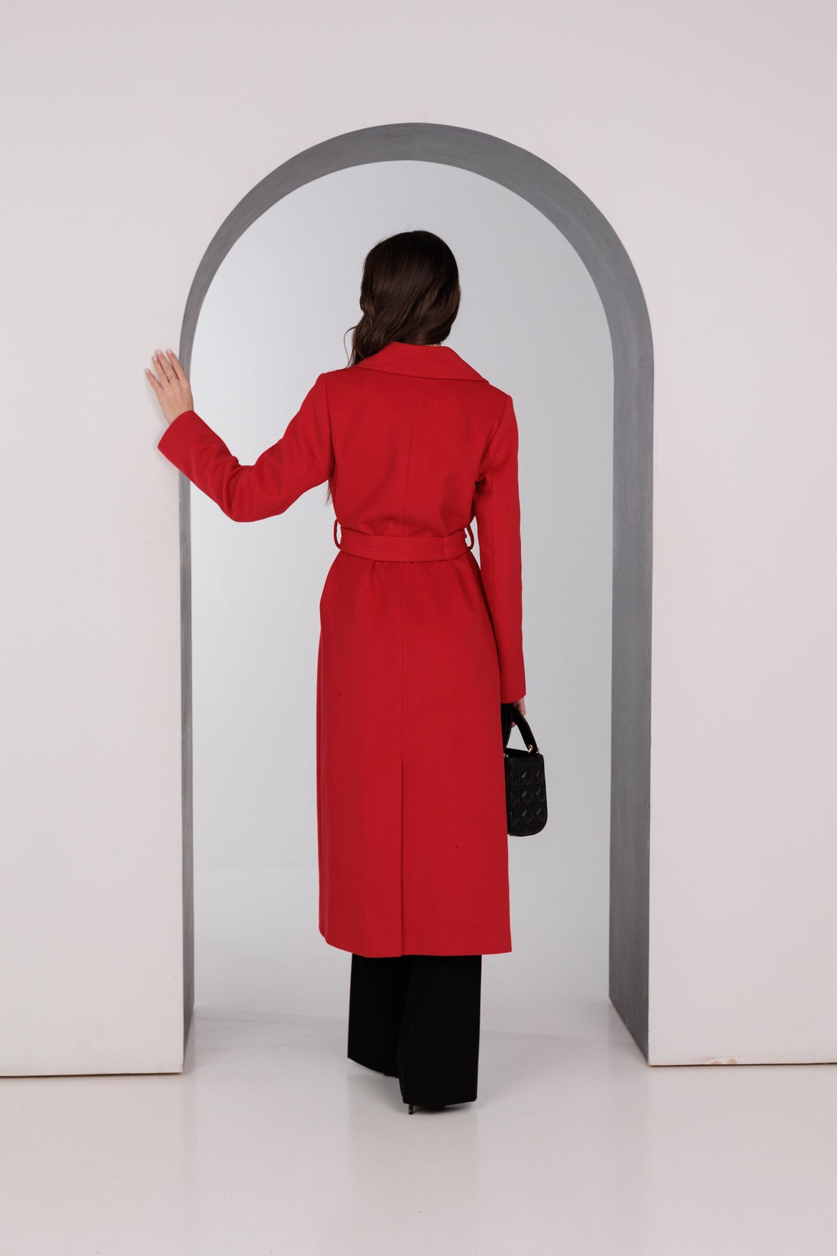 Alaska Outerwear Company Astoria classic red wraparound wool blend overcoat with full-length silhouette