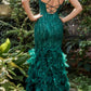 Andrea & Leo A1171 Long Emerald Dust Feather Mermaid Gown