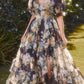 Andrea & Leo A1336 Long Floral Print Puff Sleeve A-line Gown