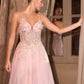 Andrea & Leo A1477 Deep V-Neck Floral Print Applique A-Line Ball Gown