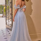 Andrea & Leo A1512 Light Blue Off-Shoulder Floral Applique Tulle Gown with Slit