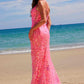 Nox Anabel A1587 Deep V-Neck Floral Sequined Tulle Dress