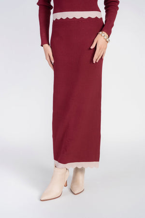 Bordeaux scalloped knit skirt by Adina Las Vegas, featuring a stylish, textured design and a flattering fit.