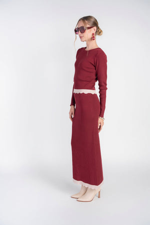 Bordeaux scalloped knit top by Adina Las Vegas featuring a stylish, textured design and a flattering fit.