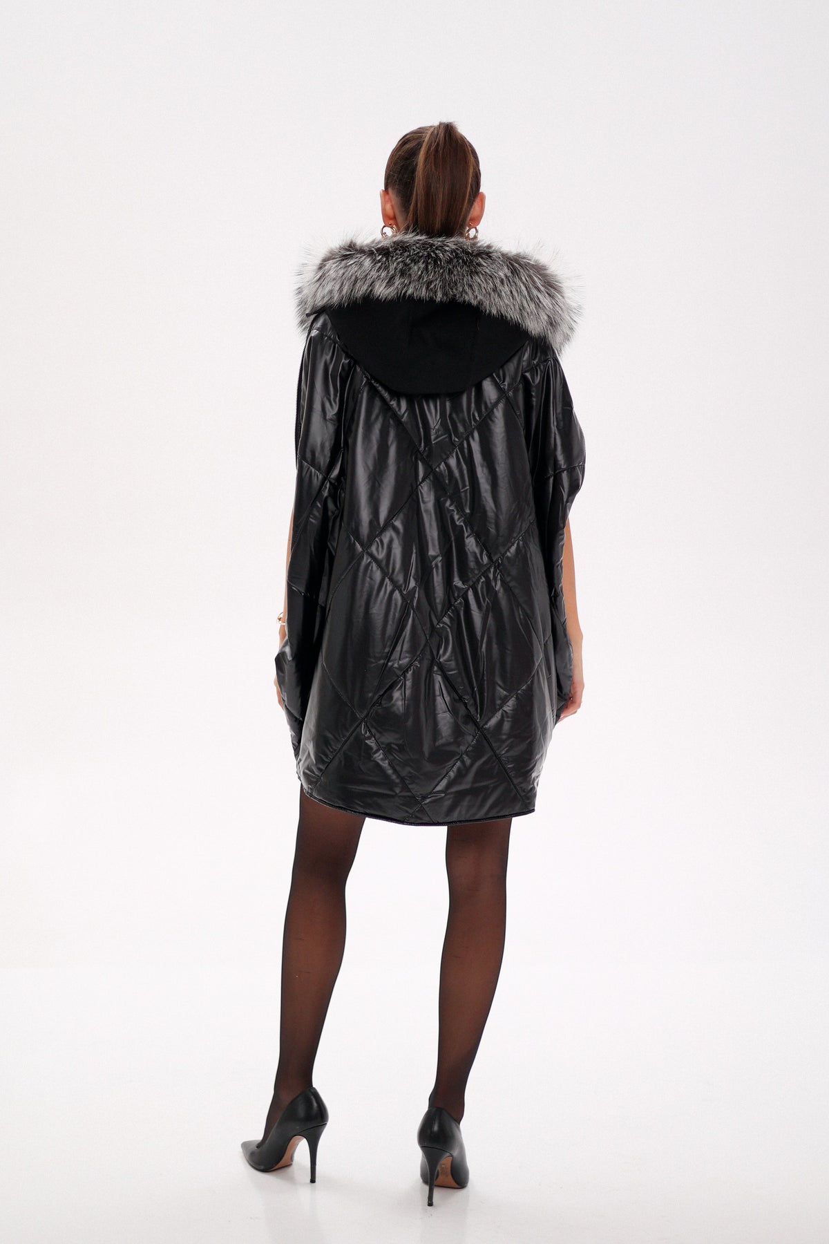 Alaska Outerwear Company black Saga Furs silver fox wool cashmere poncho vest coat