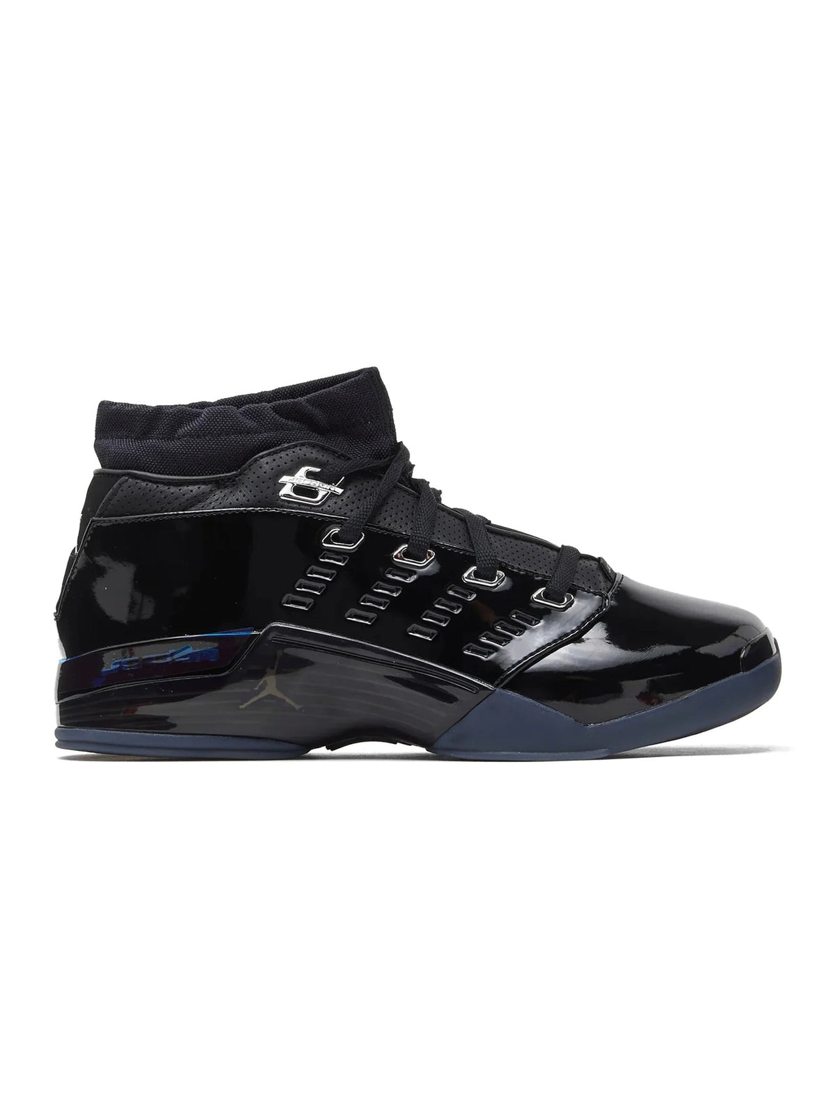 Men's Air Jordan 17 Low SP sneakers in black patent leather, featuring sleek design and low-top style for athletic and casual wear.