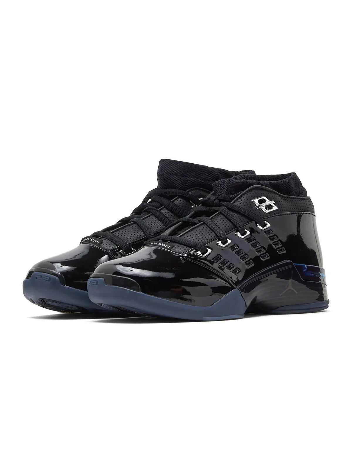 Black patent Air Jordan Men's 17 Low SP sneakers with sleek design and stylish detailing, showcasing modern men's footwear.