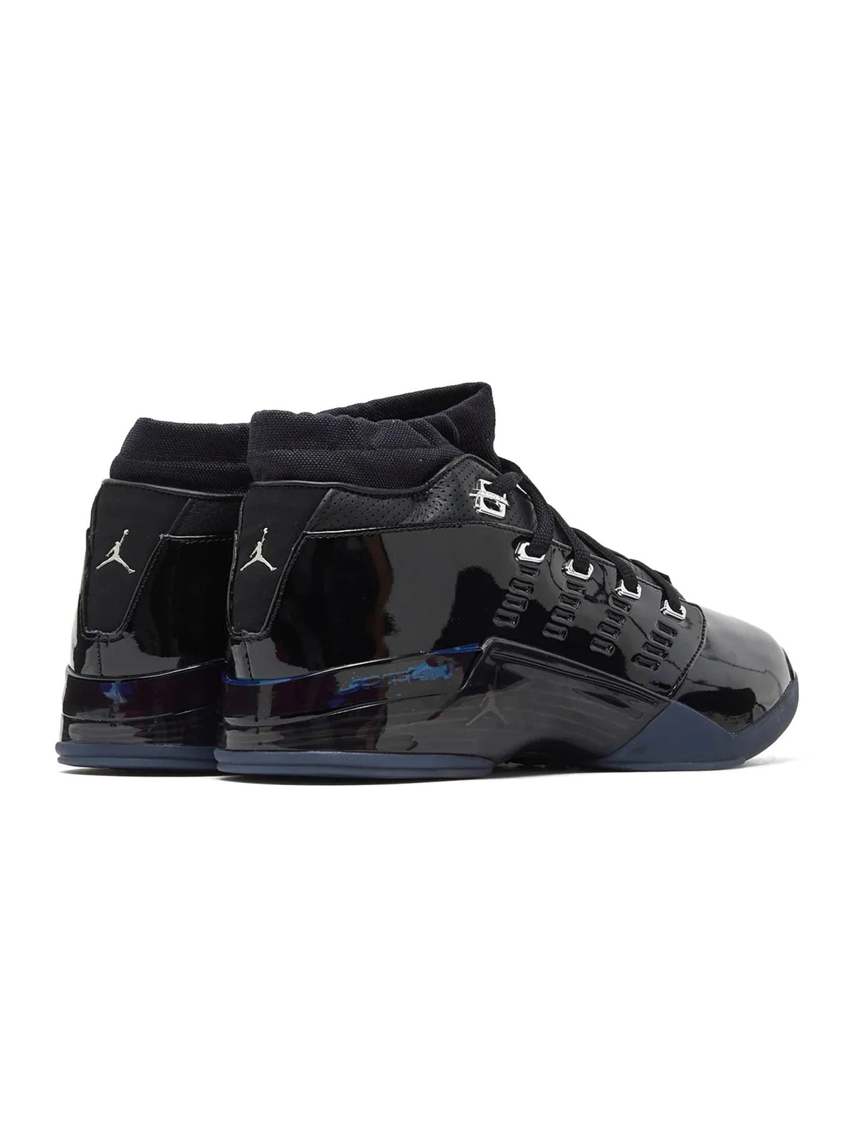 Black patent Air Jordan Mens 17 Low SP sneakers with sleek design and signature details, displayed on a clean background.