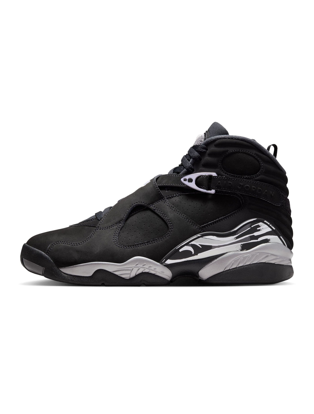 Men's Air Jordan 8 Retro Chrome sneakers in black and silver, showcasing sleek design and iconic style.