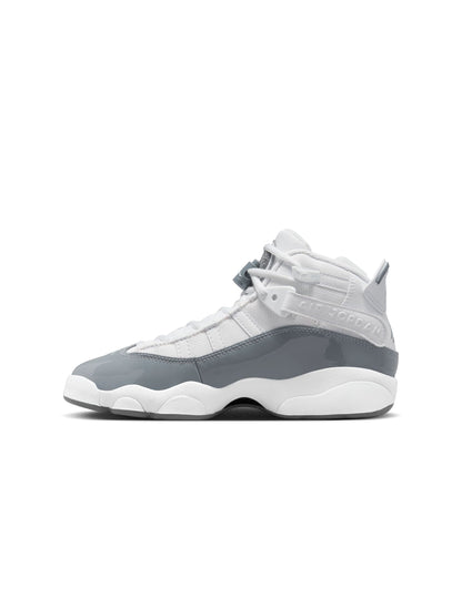 White and cool grey Air Jordan 6 Rings sneakers for big kids, featuring stylish gradeschool Jordan footwear design.