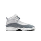 White and cool grey Air Jordan 6 Rings sneakers for big kids, featuring stylish gradeschool footwear design.
