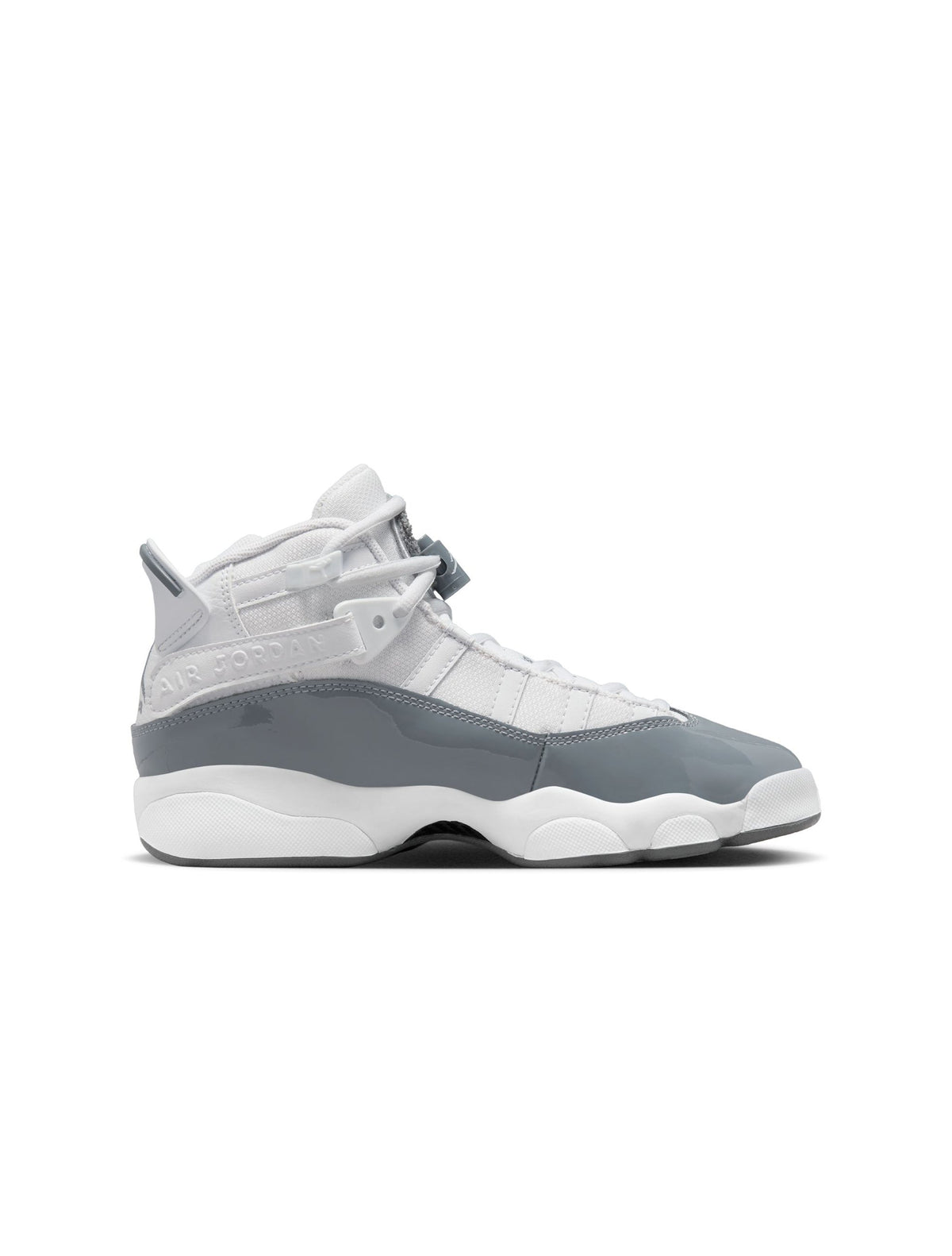 White and cool grey Air Jordan 6 Rings sneakers for big kids, featuring stylish gradeschool footwear design.