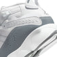White and cool grey Air Jordan 6 Rings grade school sneakers with Nike branding and stylish design.