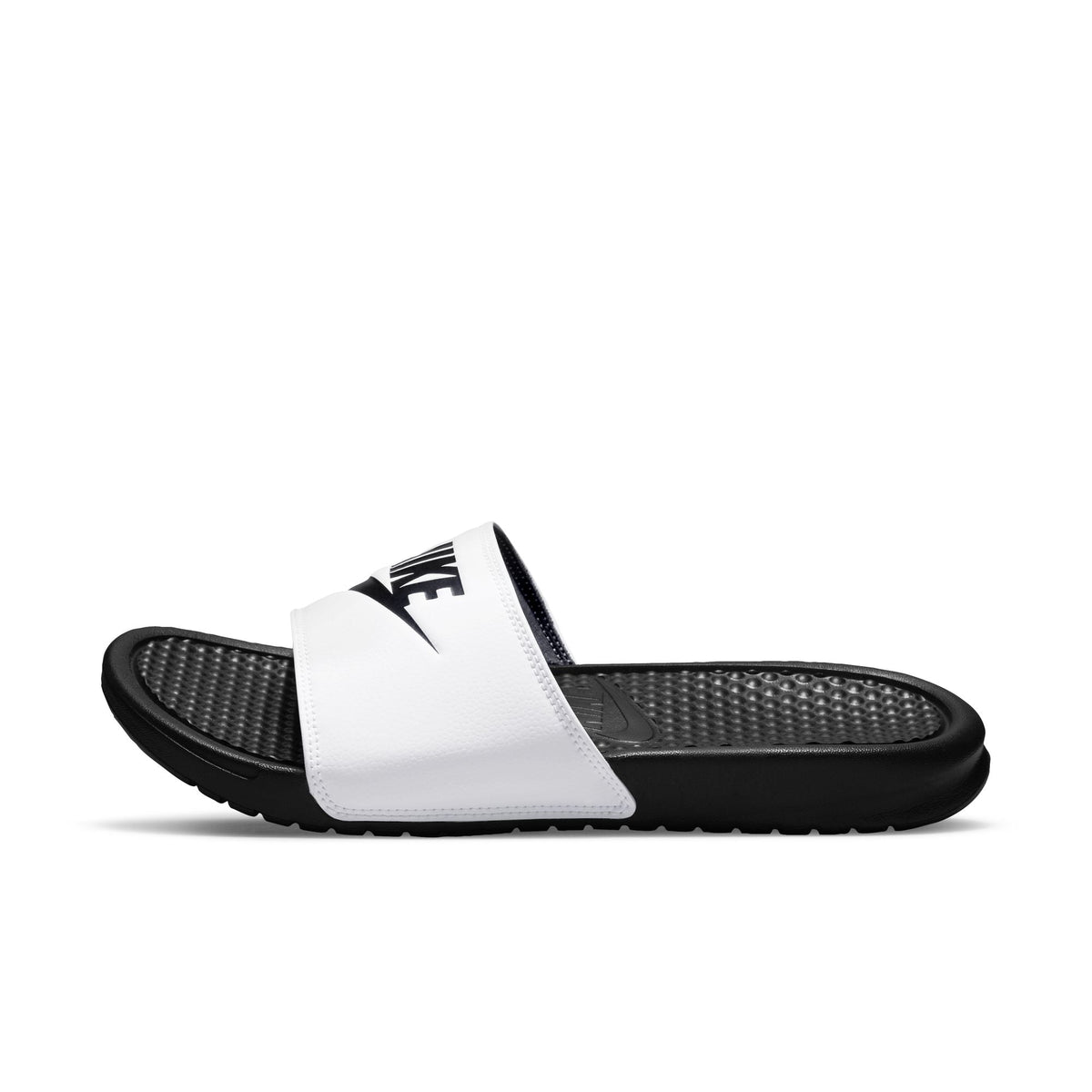White Nike Men's Benassi JDI slide sandals with open toe and cushioned sole