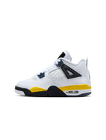 Gradeschool Air Jordan 4 Retro sneakers in Tour Yellow, featuring a vibrant yellow and black design with Nike branding.