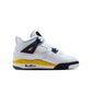 Gradeschool Air Jordan 4 Retro sneakers in Tour Yellow with black accents, featuring classic design and Nike branding.