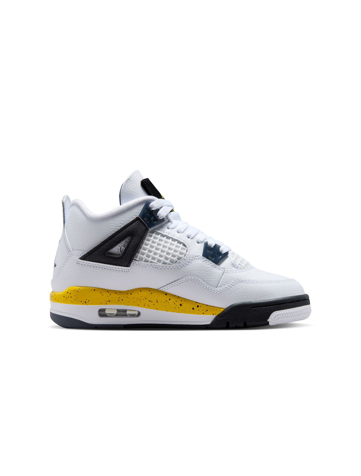 Gradeschool Air Jordan 4 Retro sneakers in Tour Yellow with black accents, featuring classic design and Nike branding.
