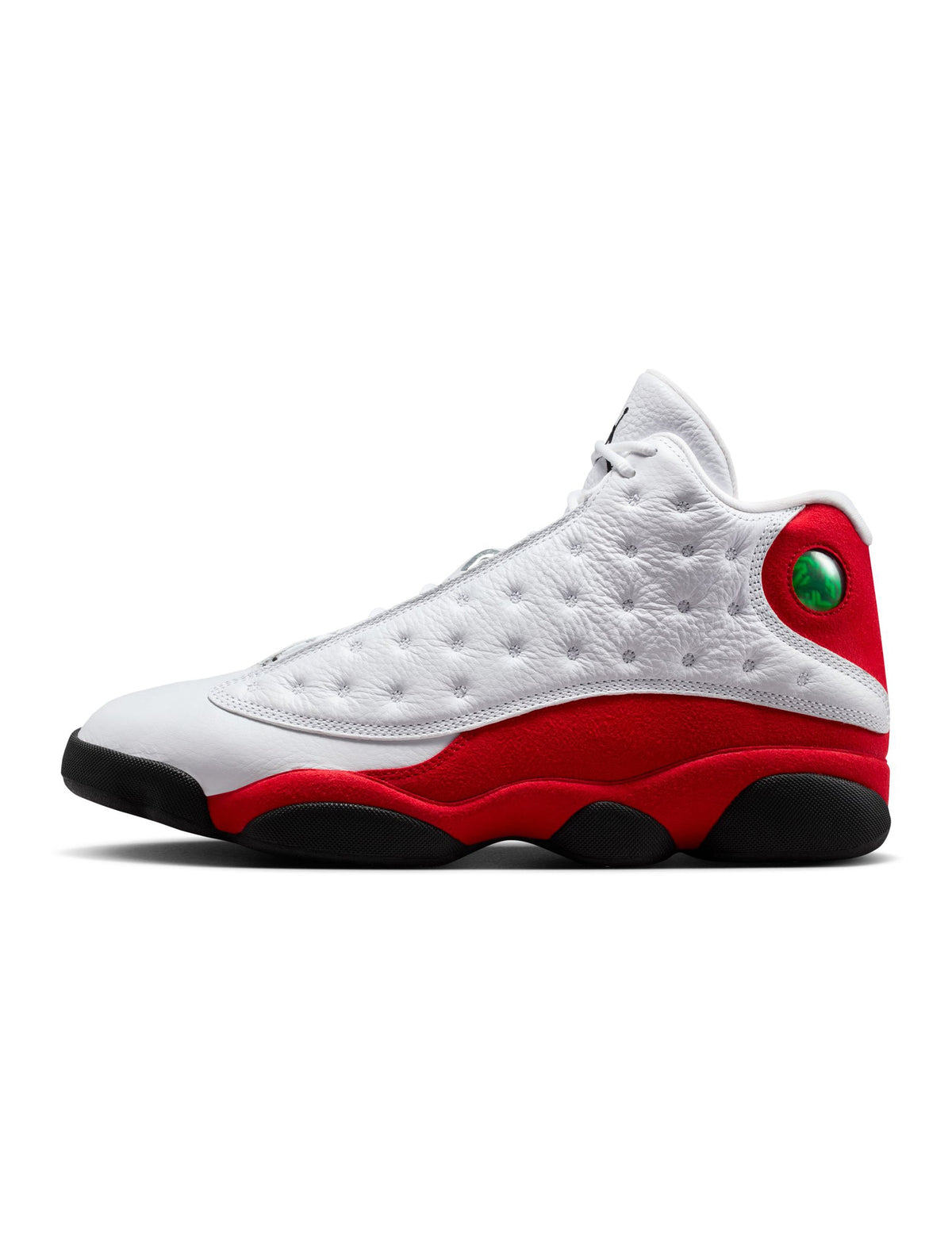 Men's Air Jordan 13 Retro Cherry sneakers in white and red leather with black accents, displayed on a plain background.