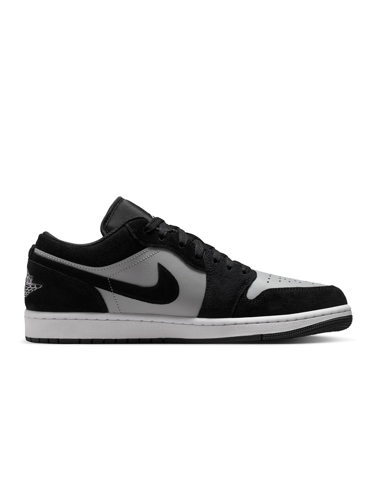 Denim Exchange Air Jordan Men's 1 Low sneakers in black and white, side view