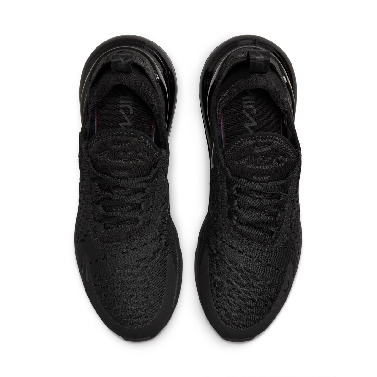 Black Nike Womens Air Max 270 sneakers with sleek design, showcasing the iconic air cushion and stylish black upper.
