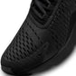 Nike Womens Air Max 270 black athletic shoes with mesh and foam sole, showcasing sleek design and branding details.
