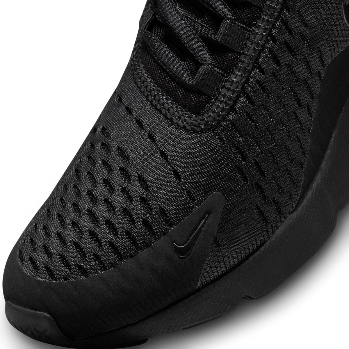 Nike Womens Air Max 270 black athletic shoes with mesh and foam sole, showcasing sleek design and branding details.