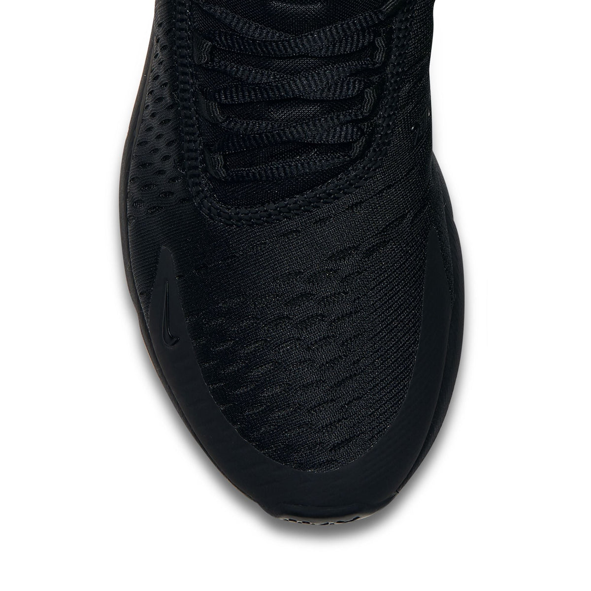 Nike Women's Air Max 270 black athletic shoes with Nike branding, showcasing their sleek design and cushioned sole for comfort.