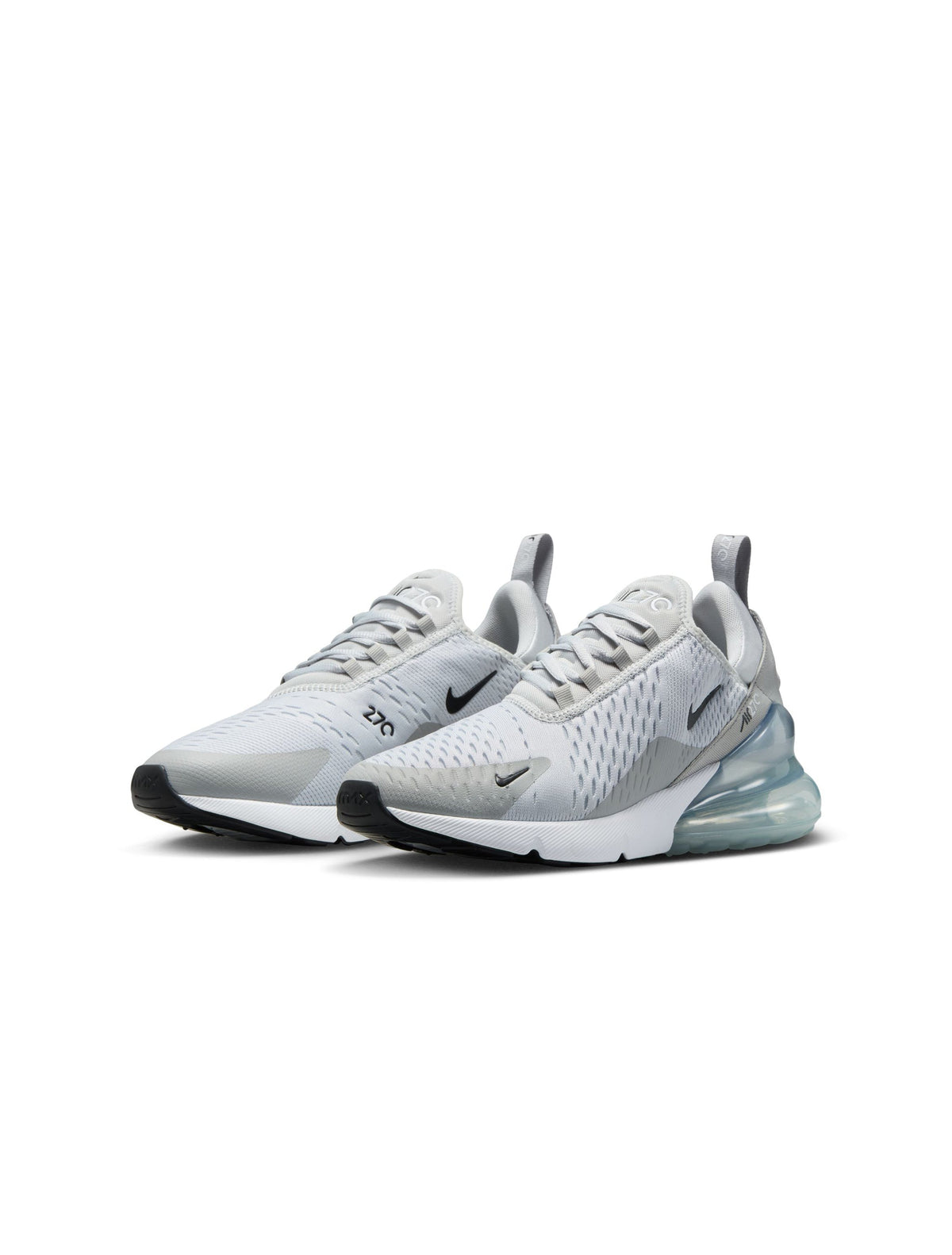 Nike Women's Air Max 270 sneakers in Pure Platinum color, featuring lightweight design and visible air cushioning.