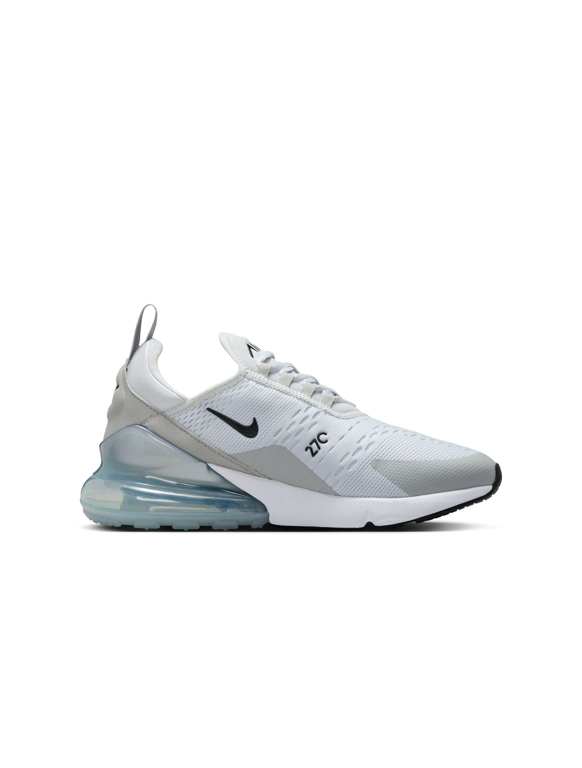Nike Women's Air Max 270 sneakers in Pure Platinum color, showcasing the stylish design and breathable mesh upper.