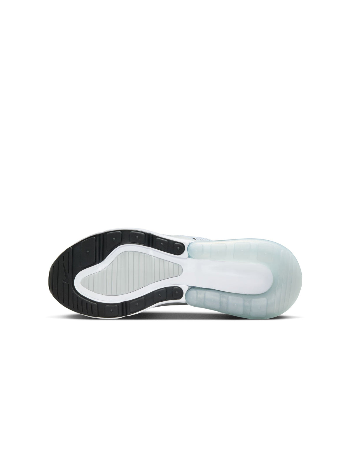 Nike Womens Air Max 270 Pure Platinum sneakers, white and silver athletic footwear, shown from a side angle.