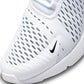 Nike Women's Air Max 270 sneakers in Pure Platinum color, showcasing the stylish athletic footwear with cushioned sole and sleek design.