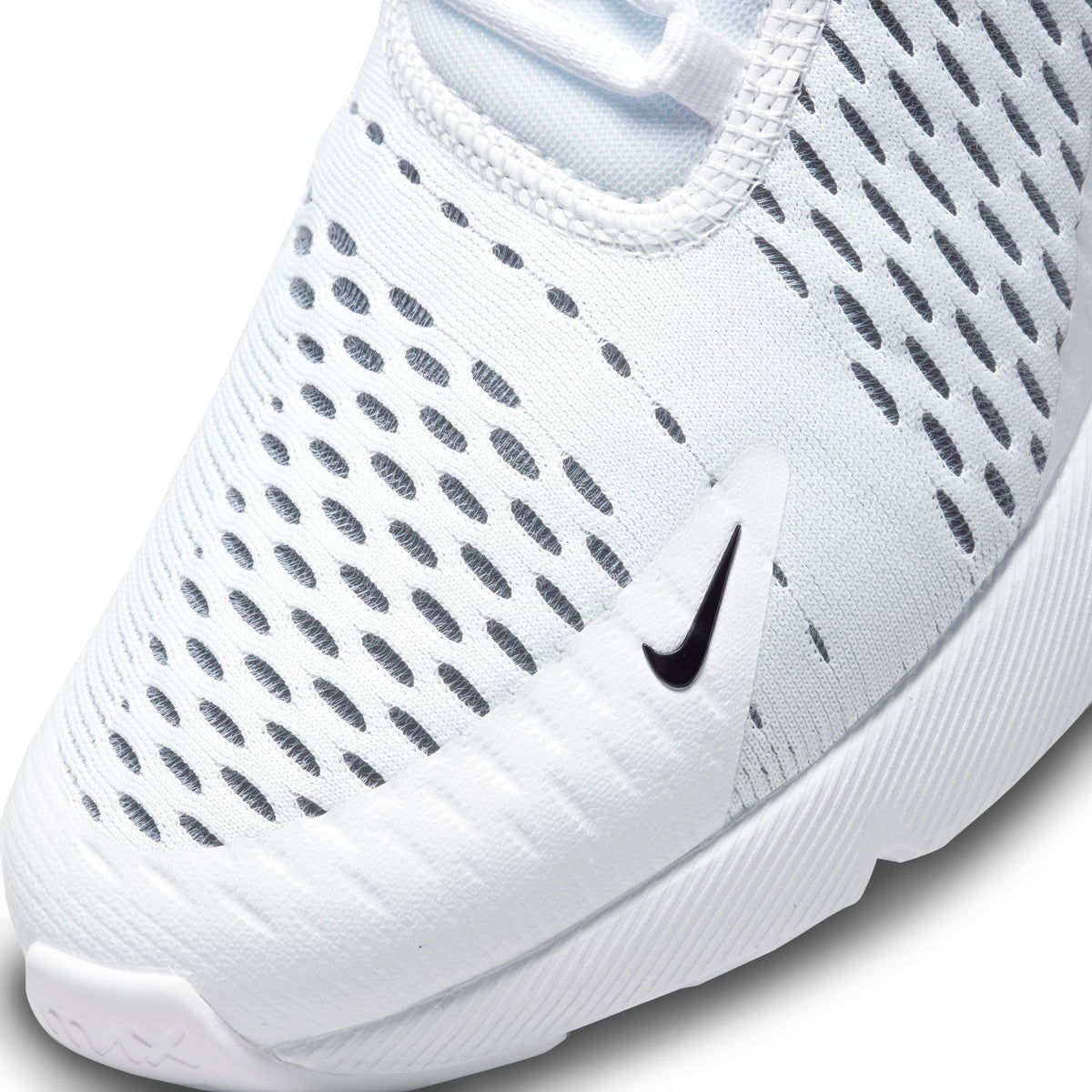 Nike Women's Air Max 270 sneakers in Pure Platinum color, showcasing the stylish athletic footwear with cushioned sole and sleek design.