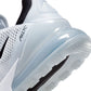 Nike Womens Air Max 270 Pure Platinum athletic shoes with white and silver colorway, showcasing the sporty design and Air Max sole.