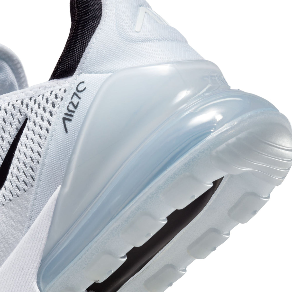 Nike Womens Air Max 270 Pure Platinum athletic shoes with white and silver colorway, showcasing the sporty design and Air Max sole.