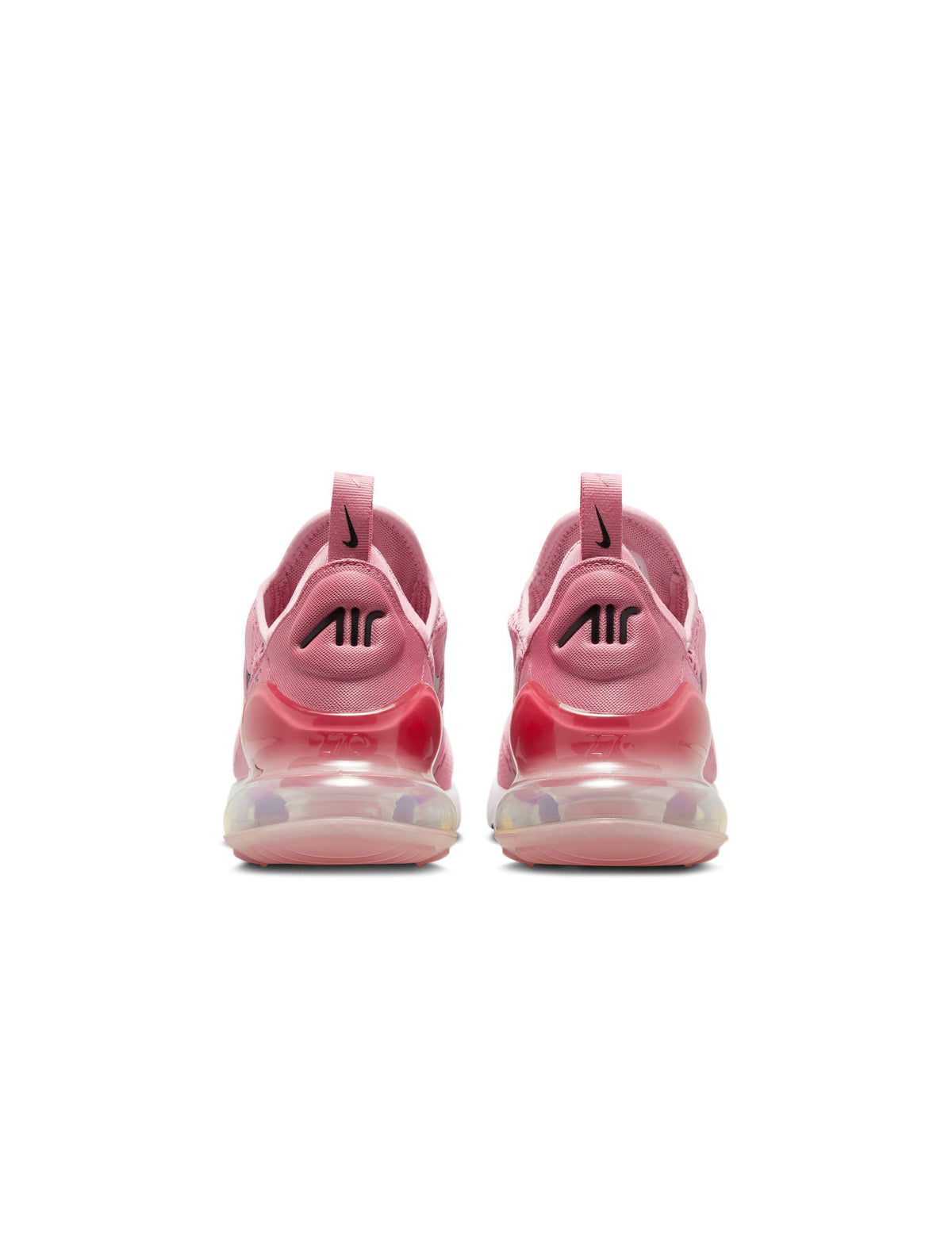 Nike Womens Air Max 270 sneakers in Elemental Pink, showcasing their stylish design and breathable mesh upper.