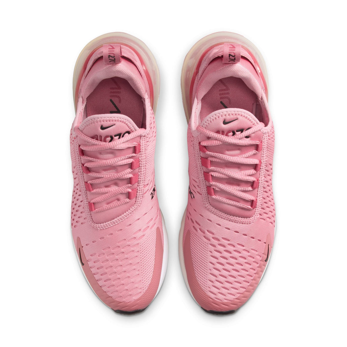 Womens Nike Air Max 270 sneakers in Elemental Pink, showcasing the stylish pink and white design with breathable mesh upper.